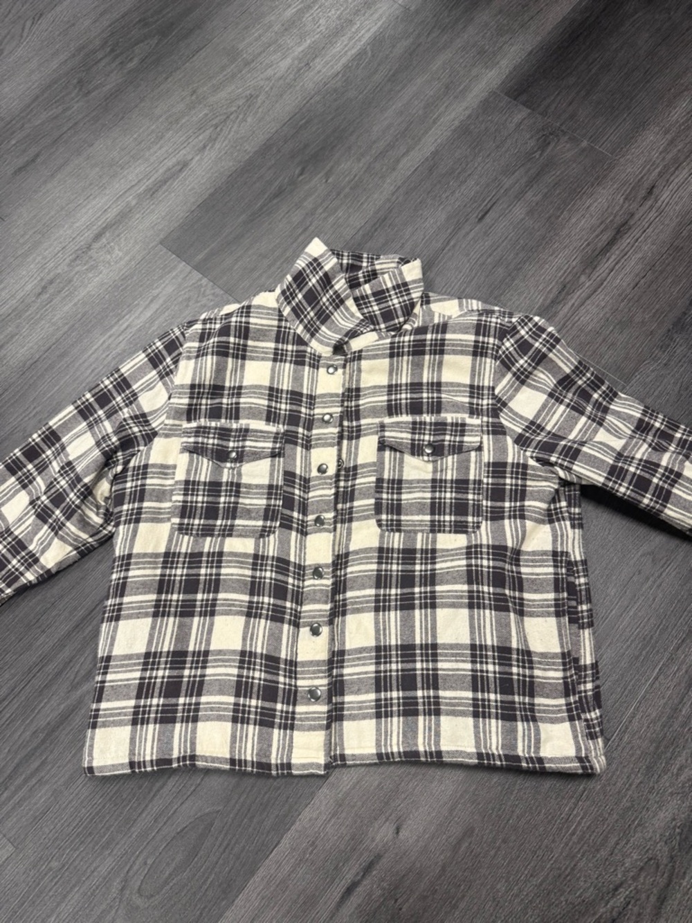 Lucky Brand Black and Cream Plaid Sherpa-Lined Shirt Jacket